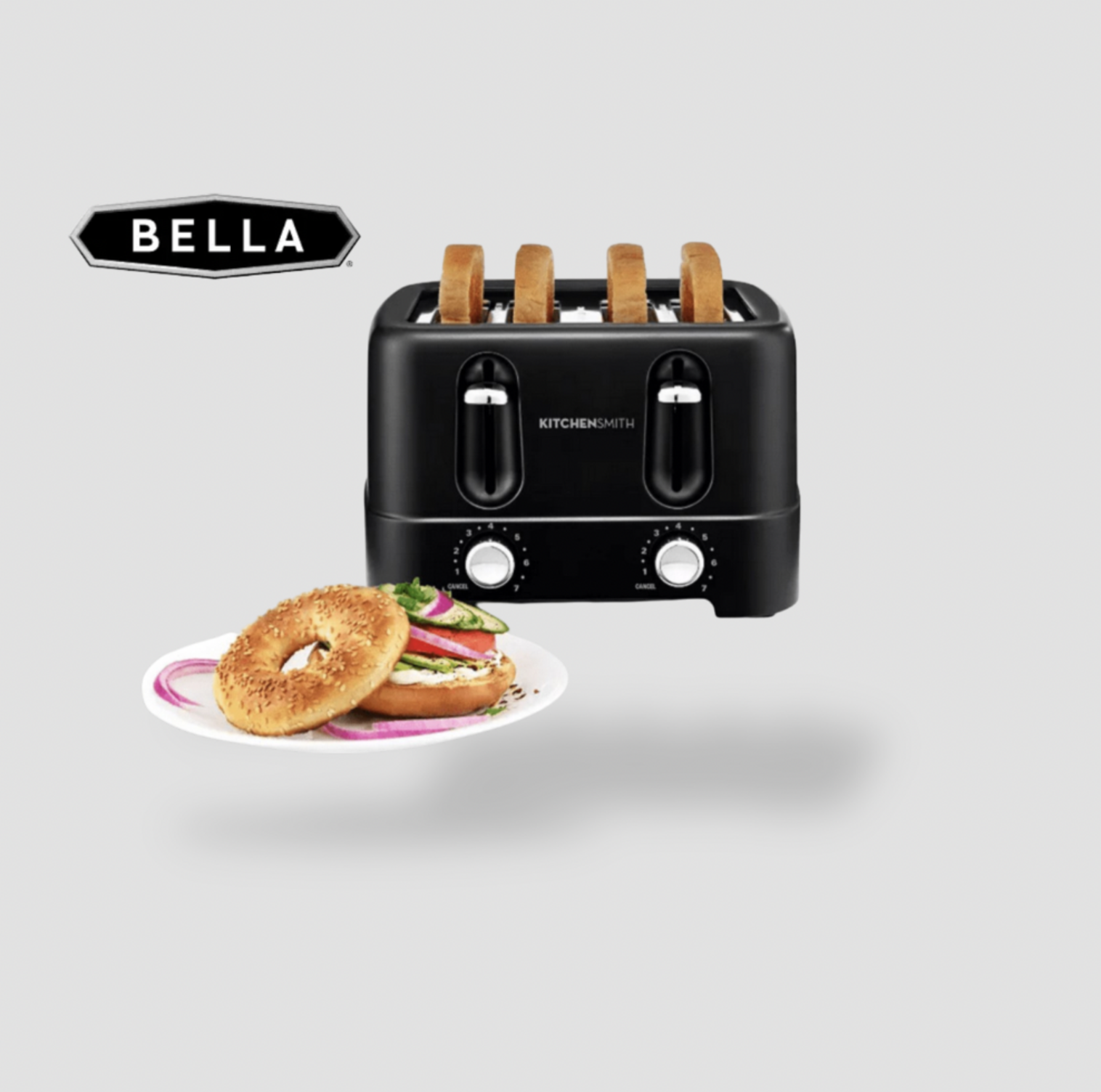 Grille-pain noir 4 tranches Bella avec sandwich bagel et oignon sur assiette blanche, vue produit
