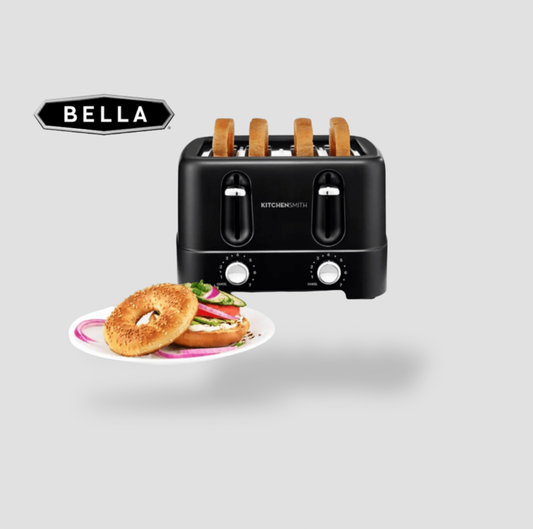 Bella black 4-slice toaster with bagel sandwich and onion on white plate, product view