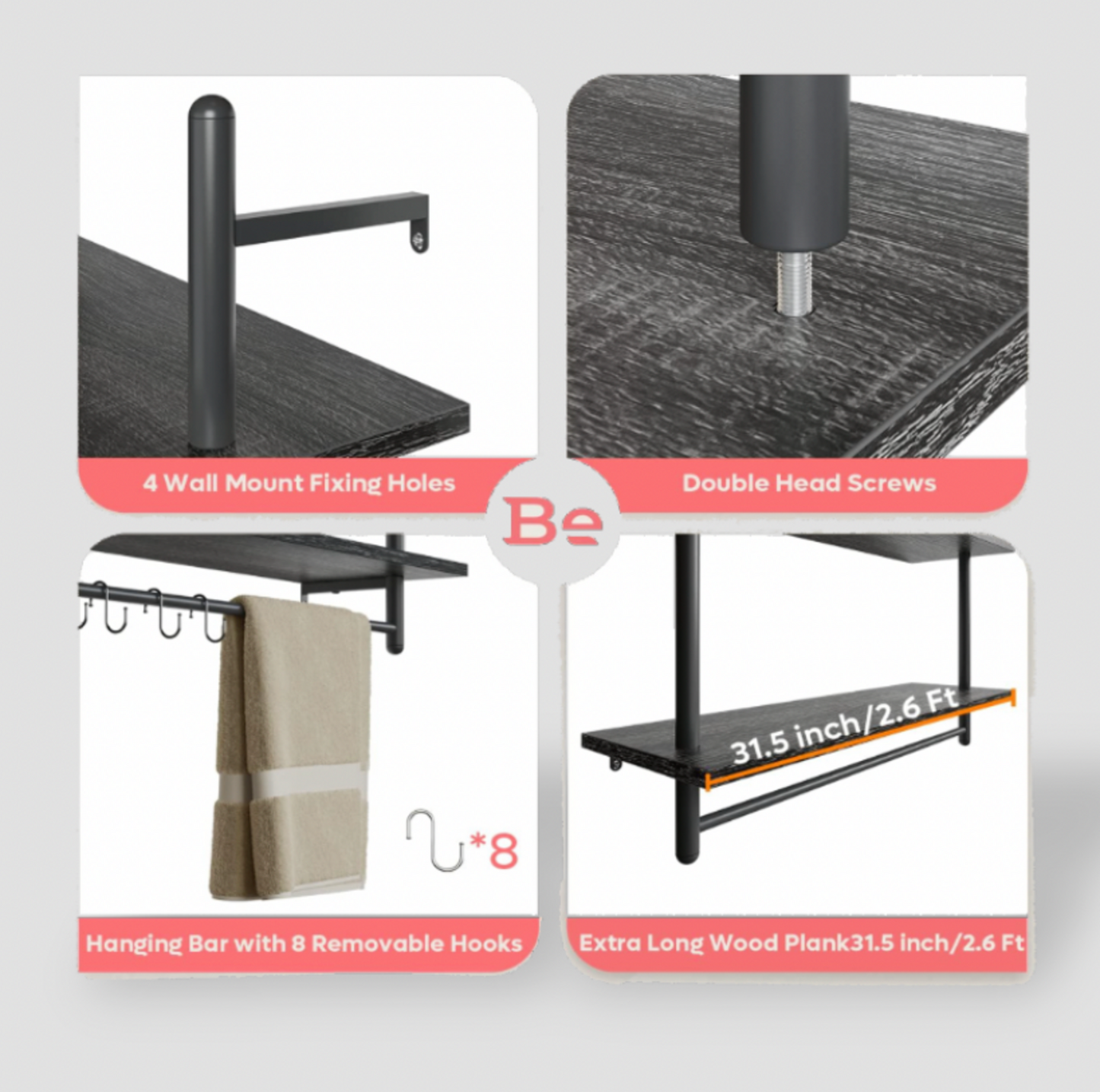 Mentions en quatre panneaux de l'étagère à tuyaux noire montrant 4 trous de fixation murale, vis à double tête, barre suspendue avec 8 crochets amovibles et planche en bois de 31,5 pouces