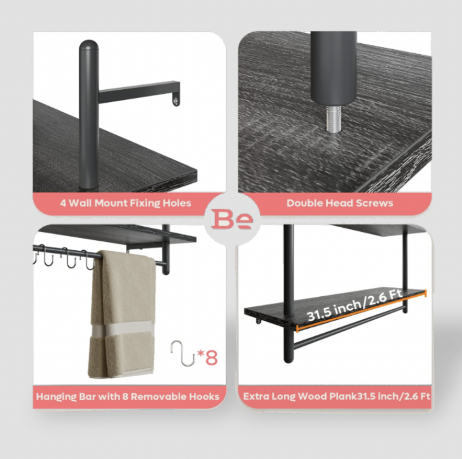 Mentions en quatre panneaux de l'étagère à tuyaux noire montrant 4 trous de fixation murale, vis à double tête, barre suspendue avec 8 crochets amovibles et planche en bois de 31,5 pouces