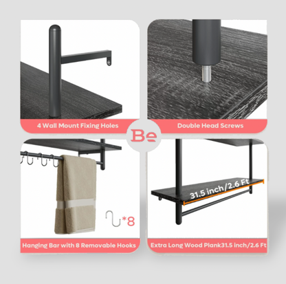 Mentions en quatre panneaux de l'étagère à tuyaux noire montrant 4 trous de fixation murale, vis à double tête, barre suspendue avec 8 crochets amovibles et planche en bois de 31,5 pouces