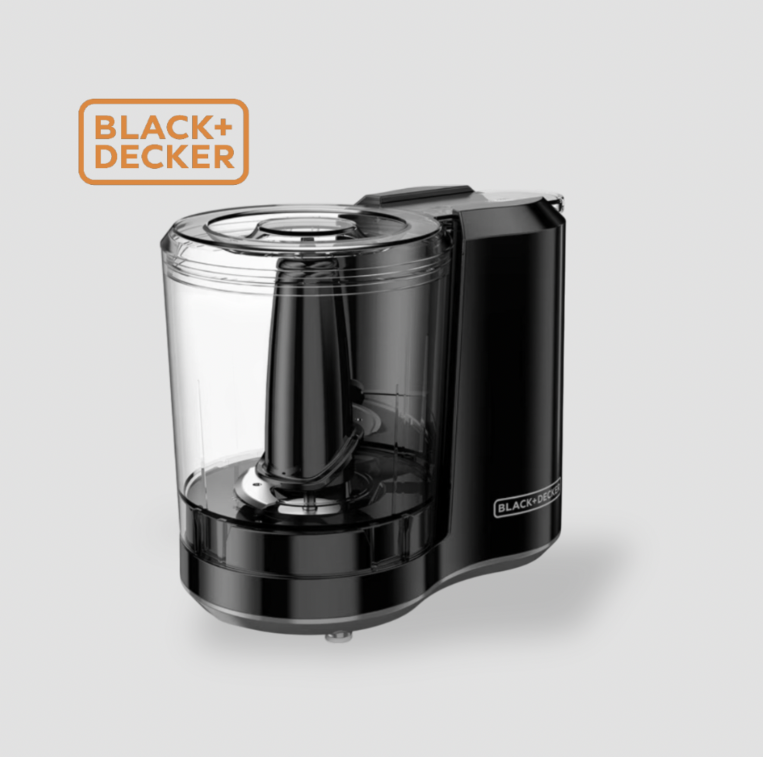Mini robot culinaire BLACK+DECKER noir 3 tasses avec bol hachoir en plastique transparent et couvercle dôme, vue trois-quarts