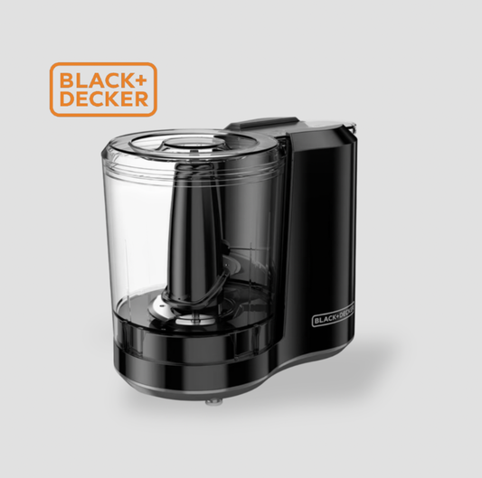 BLACK+DECKER black 3-cup mini food processor with clear plastic chopping bowl and dome lid, three-quarter view