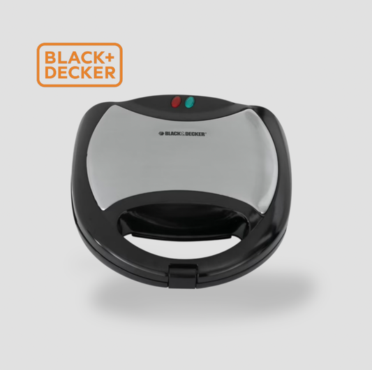 BLACK+DECKER 3-in-1 grill and waffle maker with black plastic body, stainless steel lid and red and green indicator lights, front view