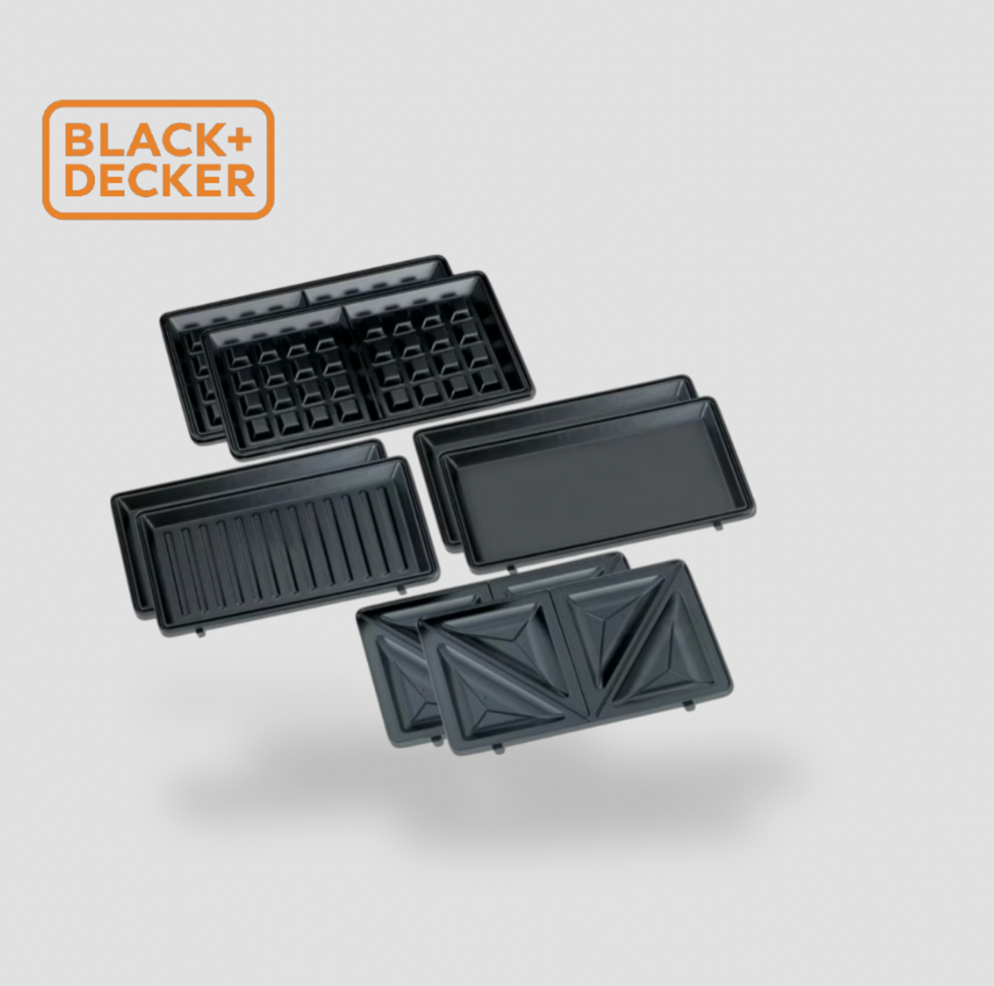 Trois jeux de plaques de cuisson antiadhésives interchangeables pour le gril 3-en-1 BLACK+DECKER incluant plaques gaufres, grill plat et presse-sandwich