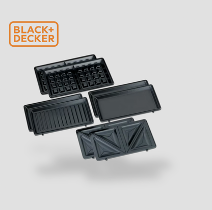 Trois jeux de plaques de cuisson antiadhésives interchangeables pour le gril 3-en-1 BLACK+DECKER incluant plaques gaufres, grill plat et presse-sandwich