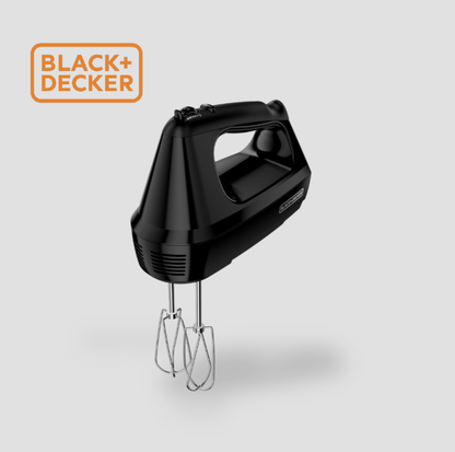 BLACK+DECKER black 6 speed hand mixer with two stainless steel wire beaters attached, three-quarter view