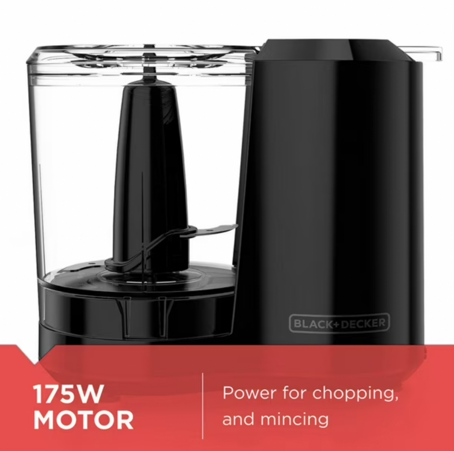 Gros plan latéral du corps noir du robot culinaire BLACK+DECKER et du bol transparent avec lame en acier inoxydable en place, mention 175W Motor