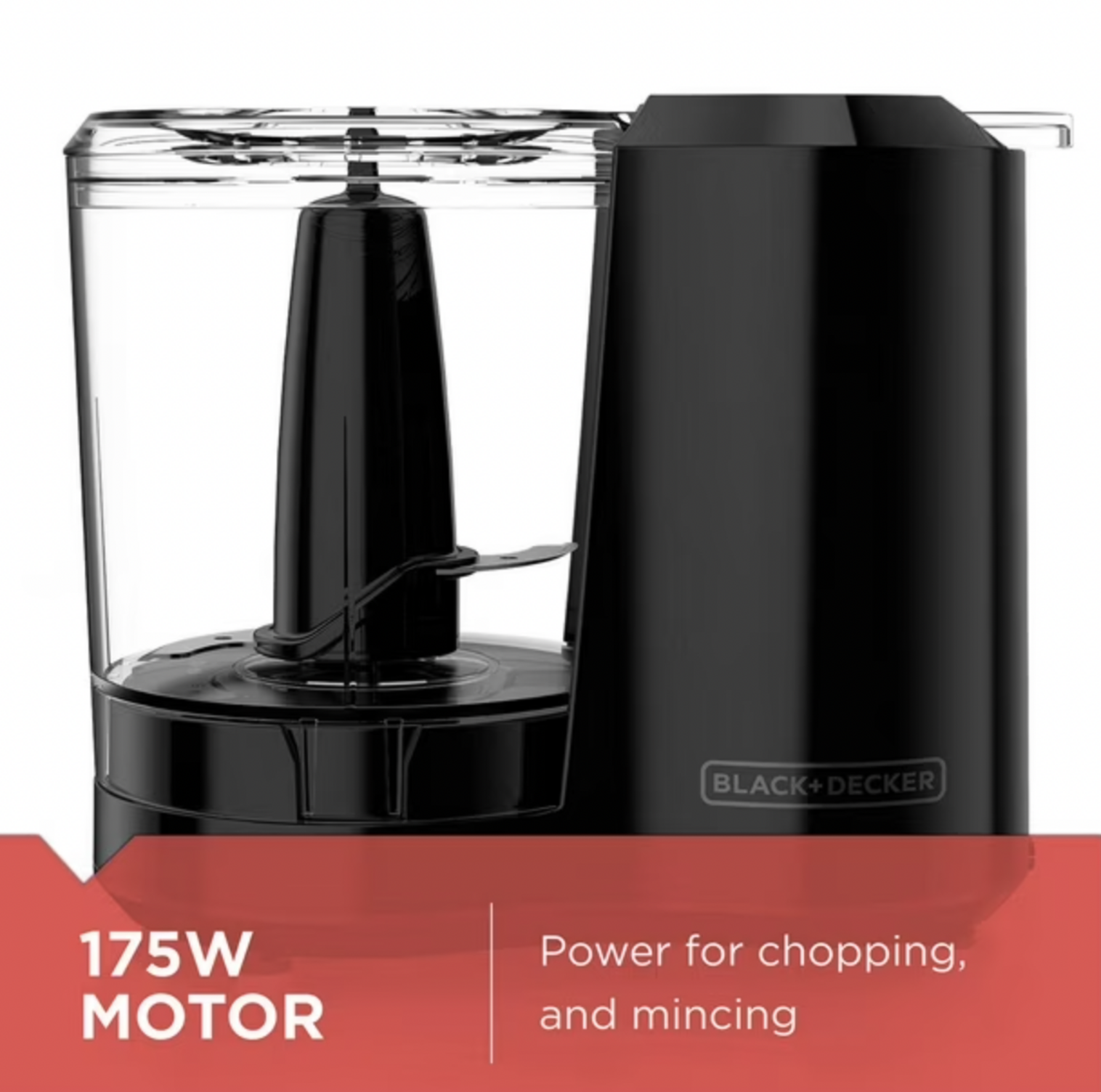 Gros plan latéral du corps noir du robot culinaire BLACK+DECKER et du bol transparent avec lame en acier inoxydable en place, mention 175W Motor