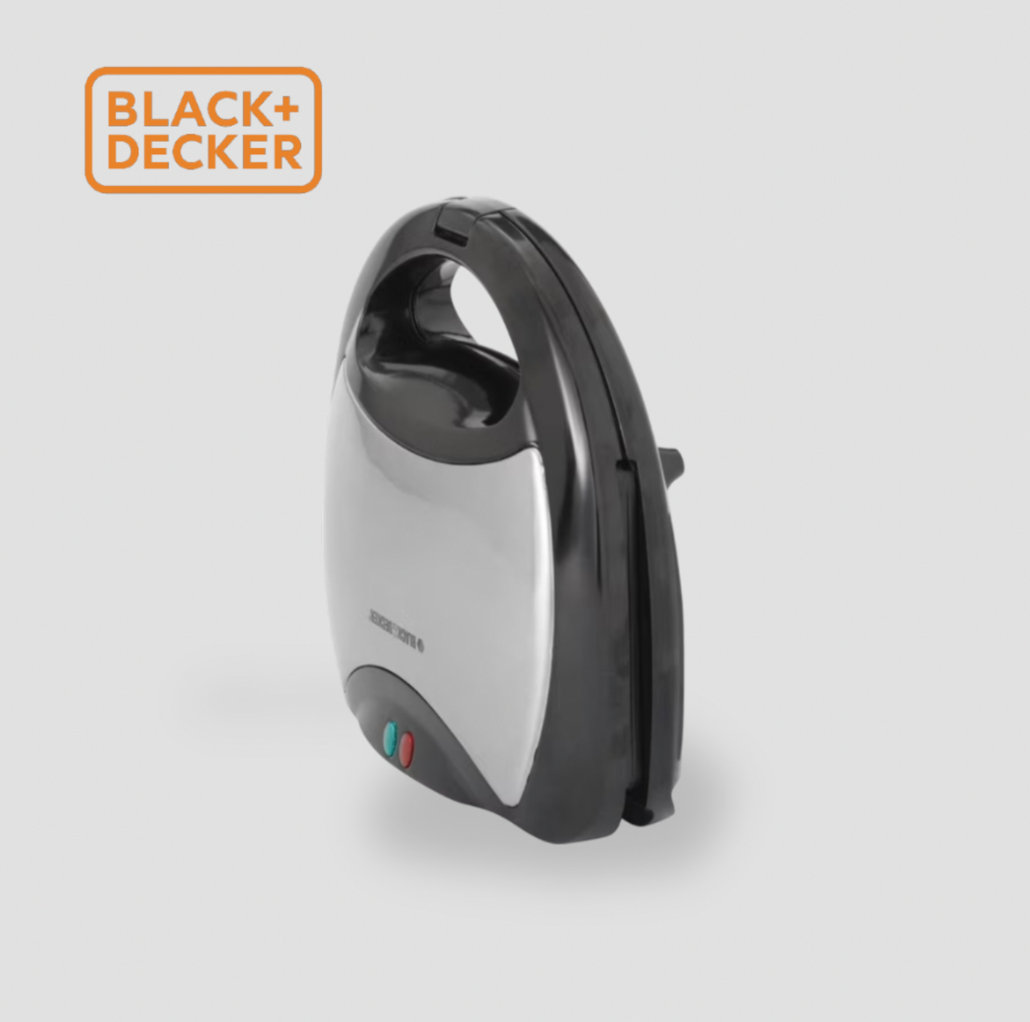 Vue de profil du gril et gaufrier BLACK+DECKER posé à la verticale avec loquet de verrouillage fermé pour rangement vertical