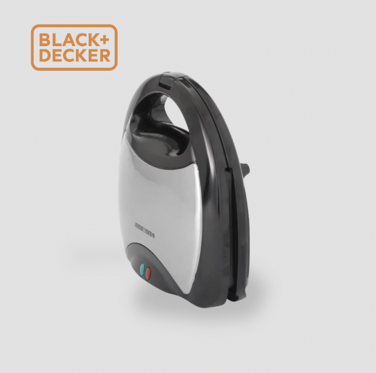 Vue de profil du gril et gaufrier BLACK+DECKER posé à la verticale avec loquet de verrouillage fermé pour rangement vertical