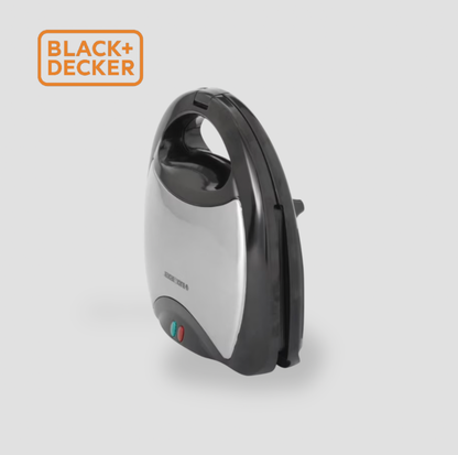 Vue de profil du gril et gaufrier BLACK+DECKER posé à la verticale avec loquet de verrouillage fermé pour rangement vertical