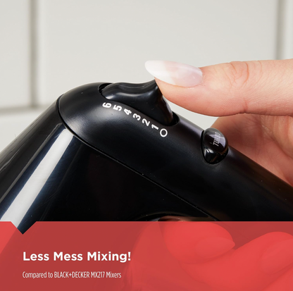 Close-up of finger pressing speed selector on black hand mixer showing numbers 0 to 6 with Less Mess Mixing callout
