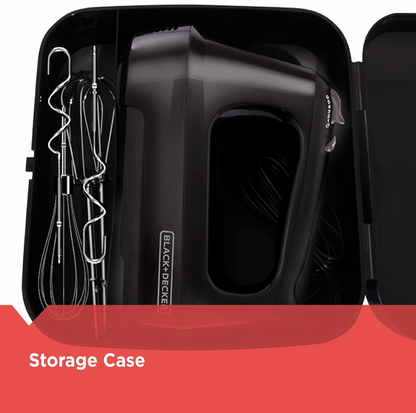 Open black storage case of BLACK+DECKER hand mixer with beaters, whisk and cord stored inside, Storage Case callout