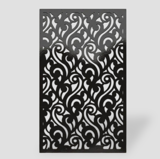 Close-up of black metal privacy screen showing intricate scroll cutout pattern detail