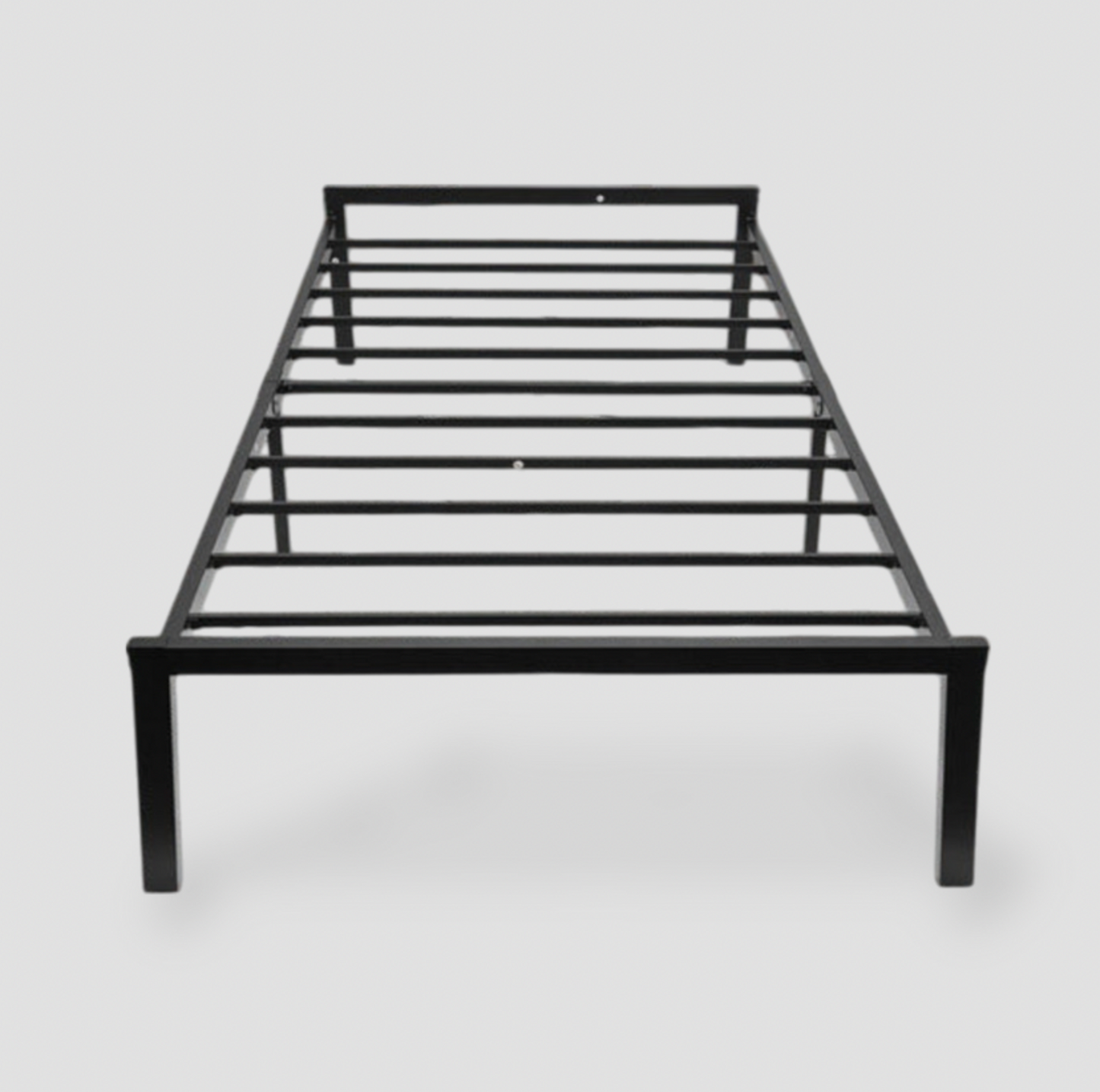 Black steel twin platform bed frame with slatted base and headboard bar, front view