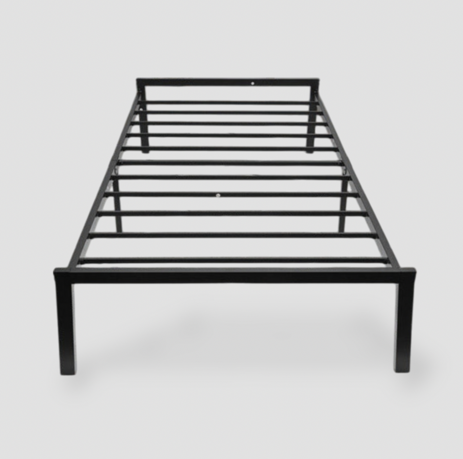 Black steel twin platform bed frame with slatted base and headboard bar, front view