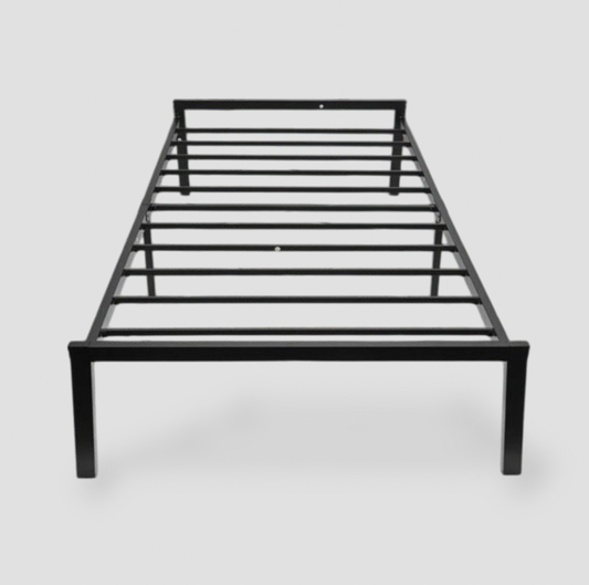 Black steel twin platform bed frame with slatted base and headboard bar, front view