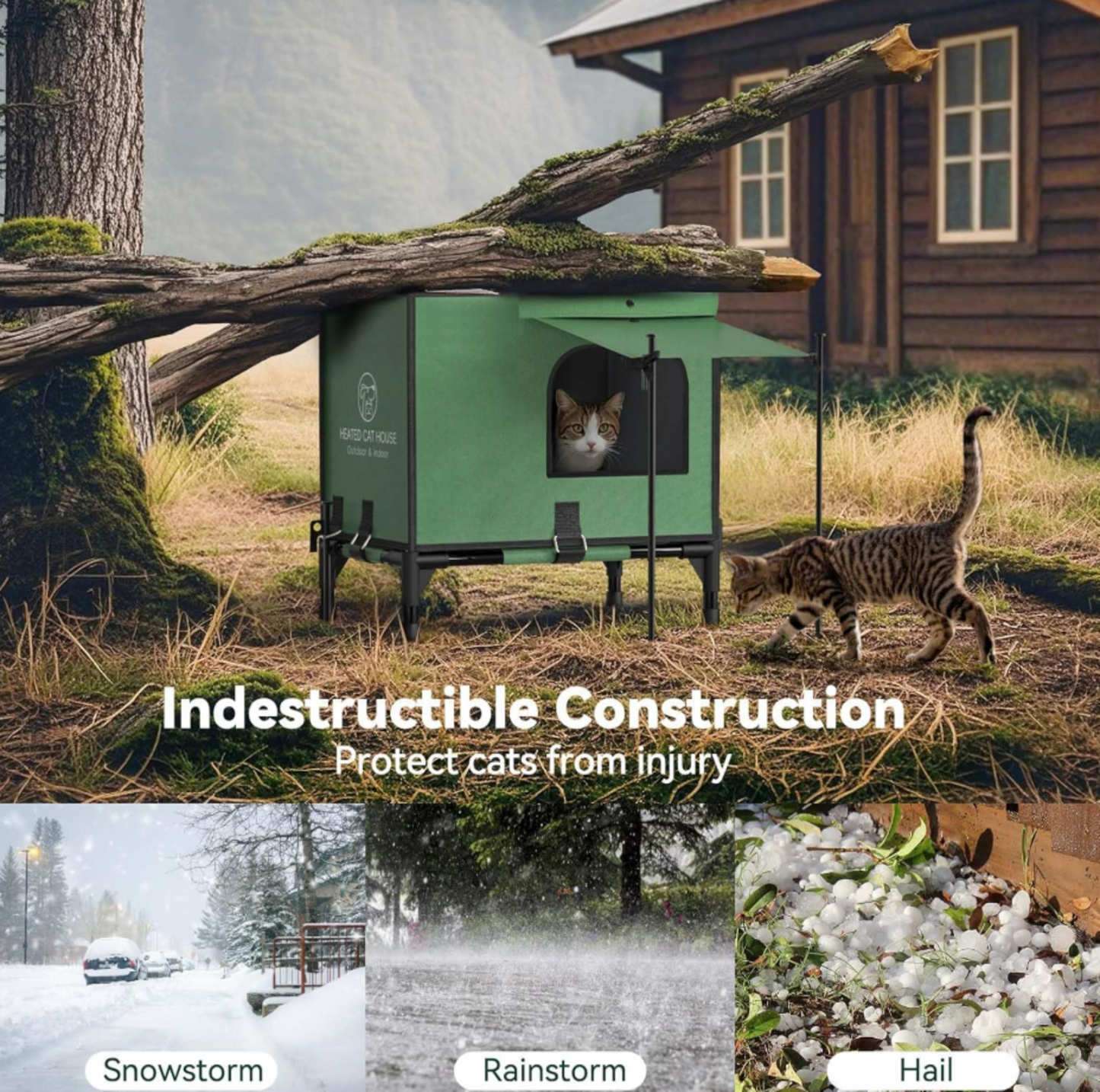 Maison pour chat verte sous une branche tombée avec chat à l'intérieur et chat tigré à côté, mentions Indestructible Construction et tempête de neige, pluie et grêle