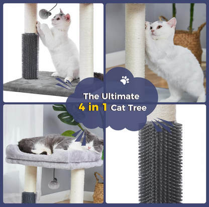 Collage trois panneaux montrant un chat blanc griffant le poteau, se frottant à la colonne de toilettage et dormant sur le perchoir, mention The Ultimate 4 in 1 Cat Tree