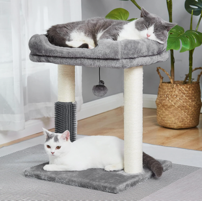 Chat gris et blanc dormant sur le perchoir supérieur de l'arbre à chat gris avec un deuxième chat couché sur la base dans un salon avec plante monstera