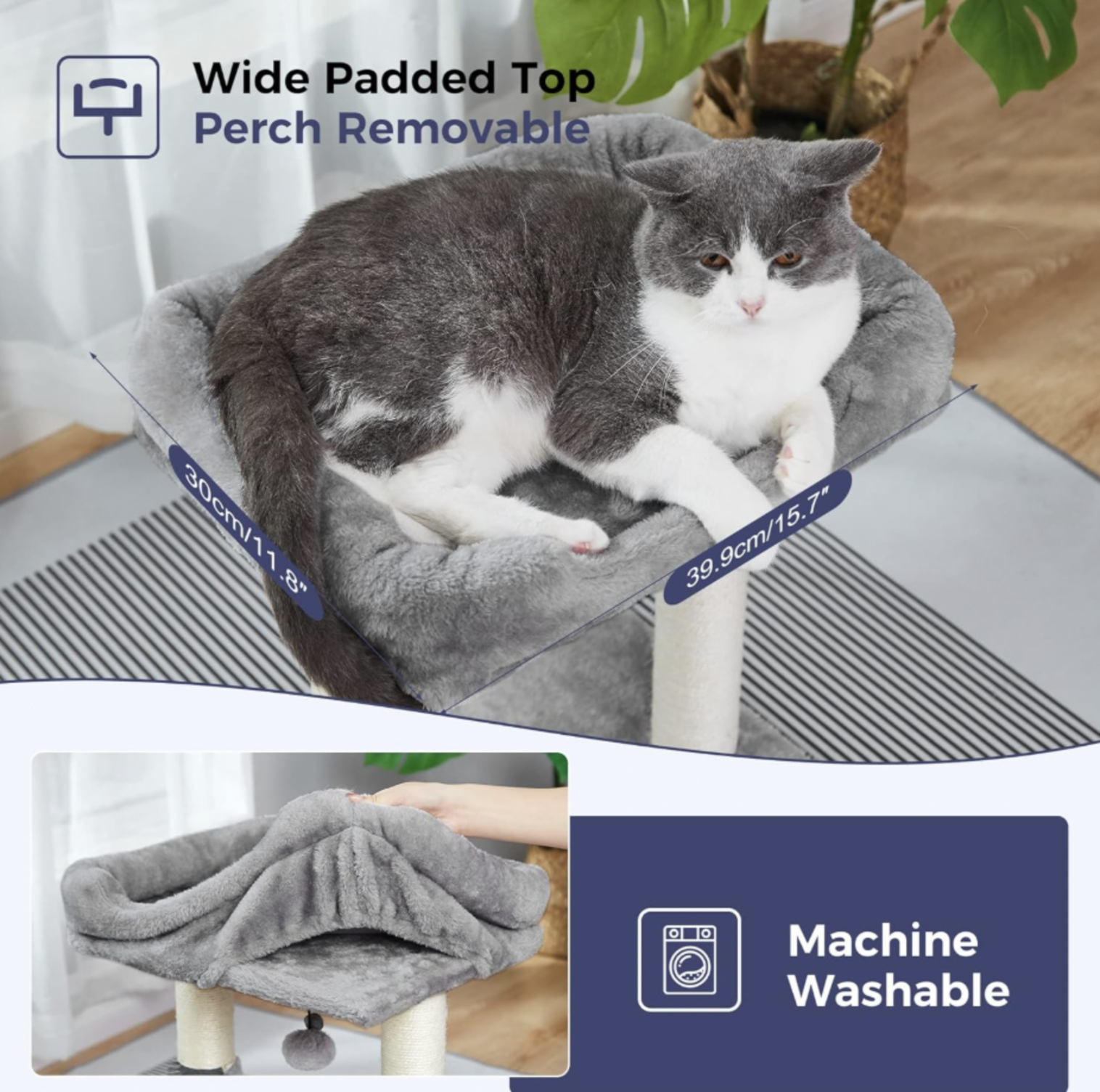 Chat gris et blanc reposant sur le perchoir gris rembourré avec mentions de dimensions 30 x 39,9 cm et encart de housse lavable en machine