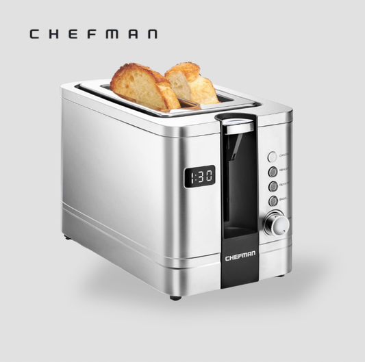 Chefman stainless steel 2-slice digital toaster with two slices of toasted bread popping up and digital display showing 1:30, three-quarter view