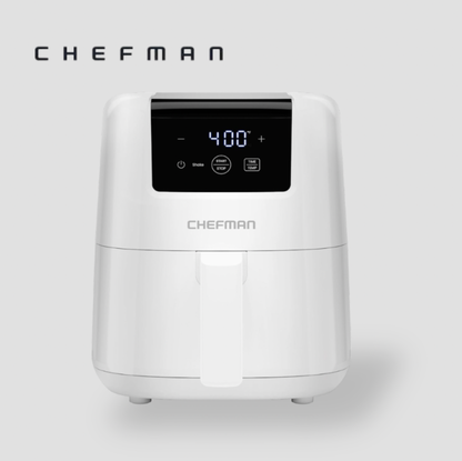 Friteuse à air numérique compacte blanche CHEFMAN avec écran tactile noir affichant le réglage 400 degrés, vue de face