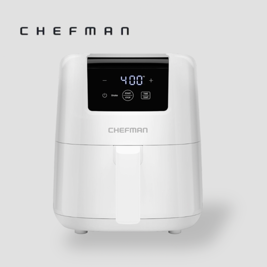 CHEFMAN compact white digital air fryer with black touchscreen display showing 400 degree setting, front view