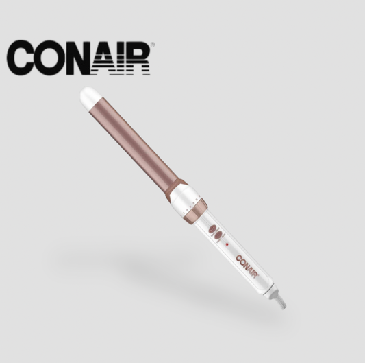 Conair rose gold and white 1 inch ceramic curling wand with brand logo, three-quarter view