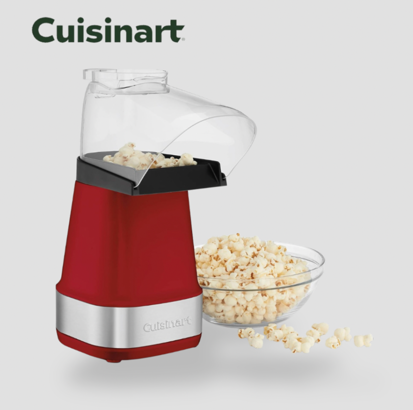 Machine à popcorn à air chaud Cuisinart EasyPop rouge avec goulotte transparente et bol en verre de maïs soufflé