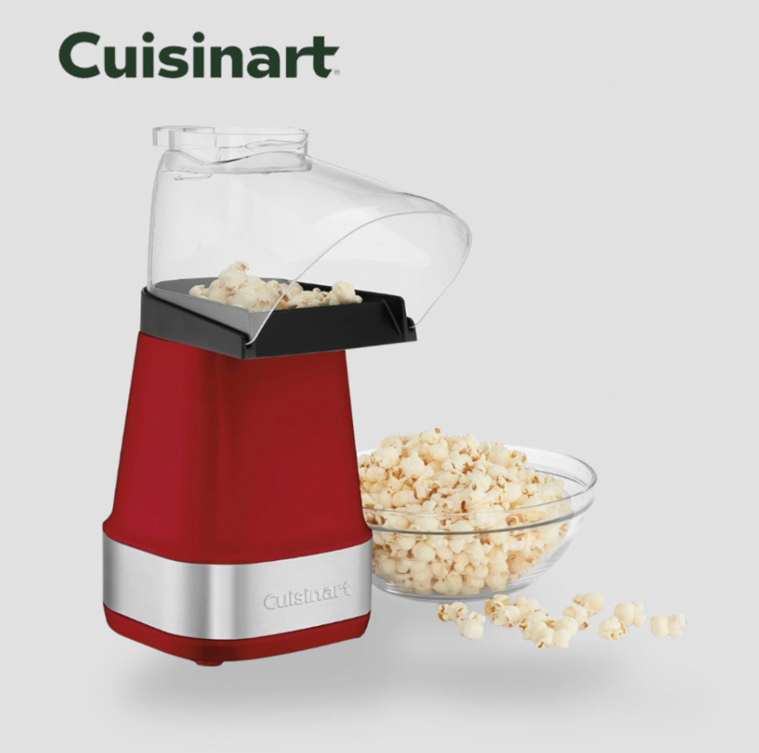 Machine à popcorn à air chaud Cuisinart EasyPop rouge avec goulotte transparente et bol en verre de maïs soufflé