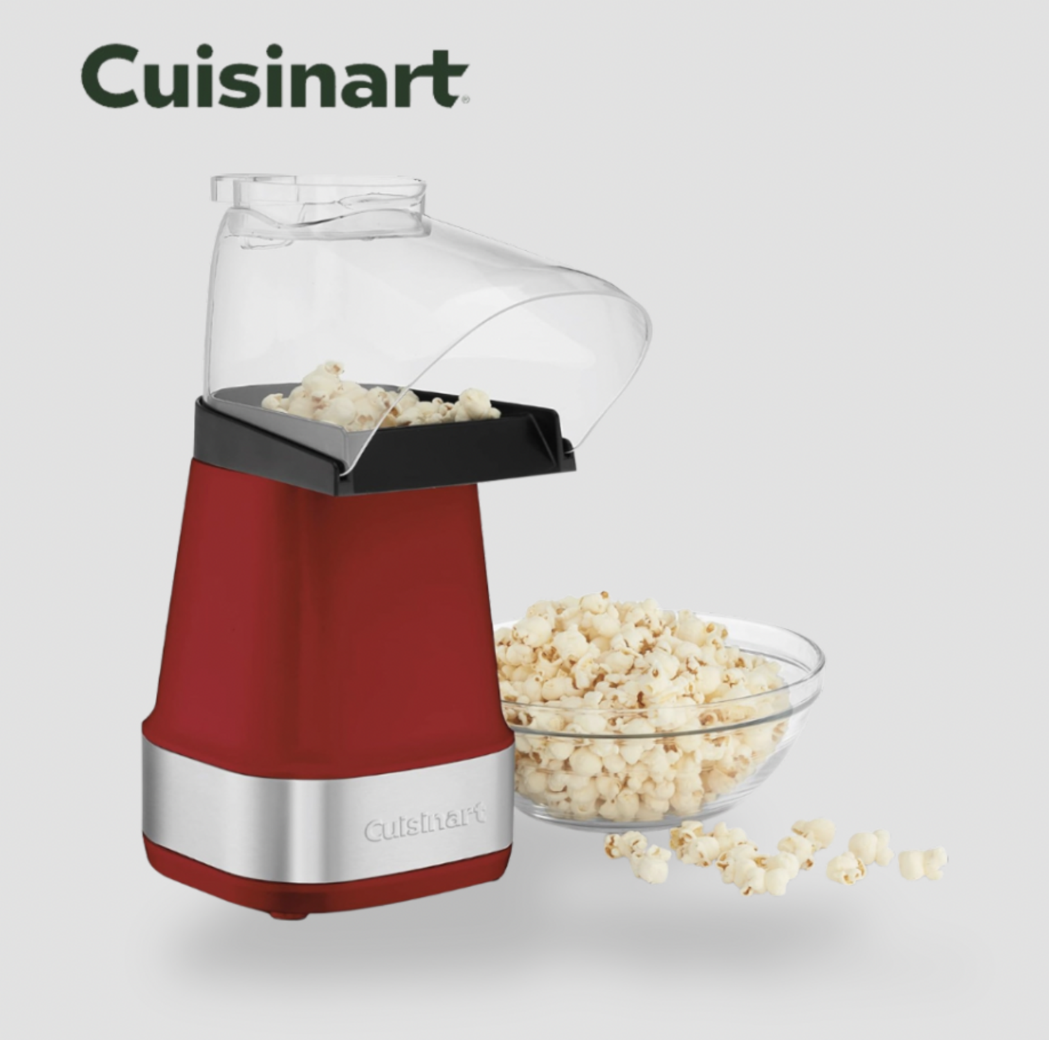 Machine à popcorn à air chaud Cuisinart EasyPop rouge avec goulotte transparente et bol en verre de maïs soufflé