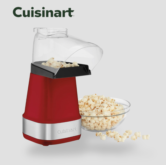 Red Cuisinart EasyPop hot air popcorn maker with clear chute and glass bowl of popcorn
