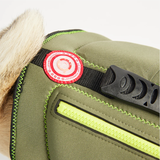 Gros plan de la sangle du gilet de sauvetage pour chien vert avec badge circulaire Sun Alert rouge et boucle à relâchement latéral