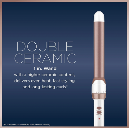 Gros plan du fer en céramique or rose du fer à boucler Conair avec mention Double Ceramic 1 pouce