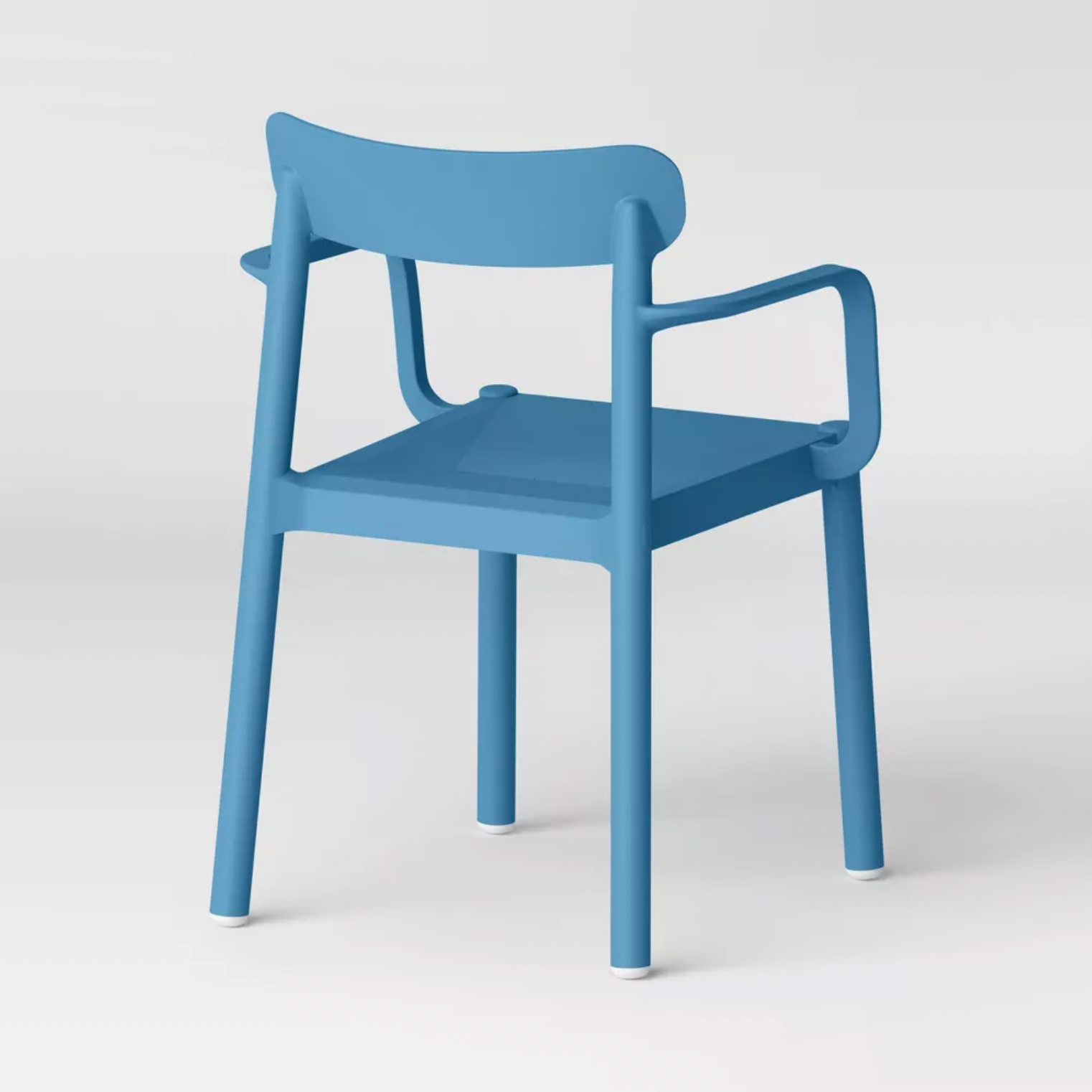 Vue arrière de la chaise empilable Elba en plastique bleu avec accoudoirs et pieds effilés