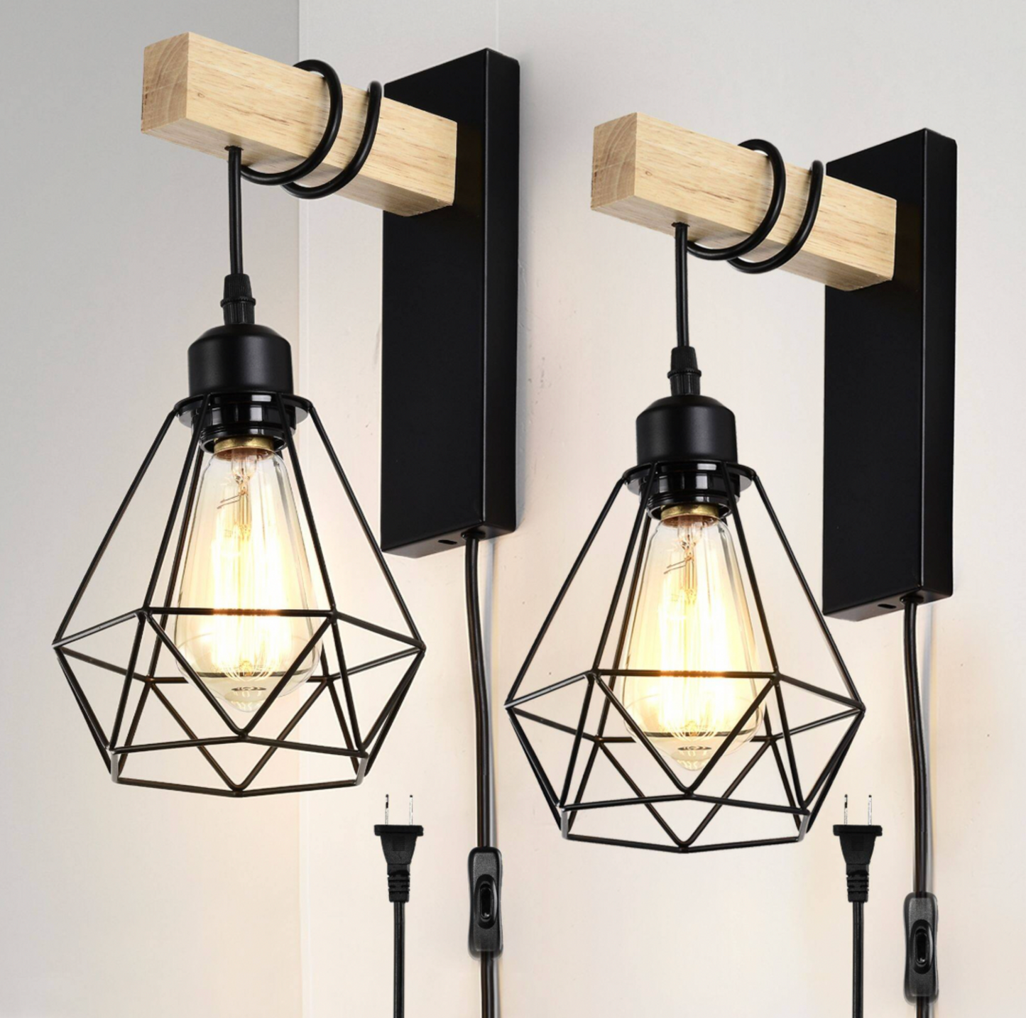 Paire d'appliques murales à brancher à cage diamant noire avec patère en bois massif et ampoules Edison