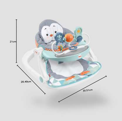 Gros plan du coussin pingouin Fisher-Price Sit-Me-Up avec ailerons froissés et garniture orange