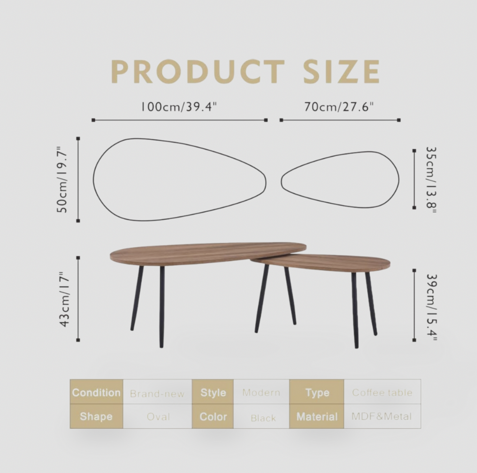 Deux tables basses ovales avec mentions de dimensions 100 x 50 x 43 cm et 70 x 35 x 39 cm et tableau de spécifications listant forme ovale, style moderne et matériaux MDF métal