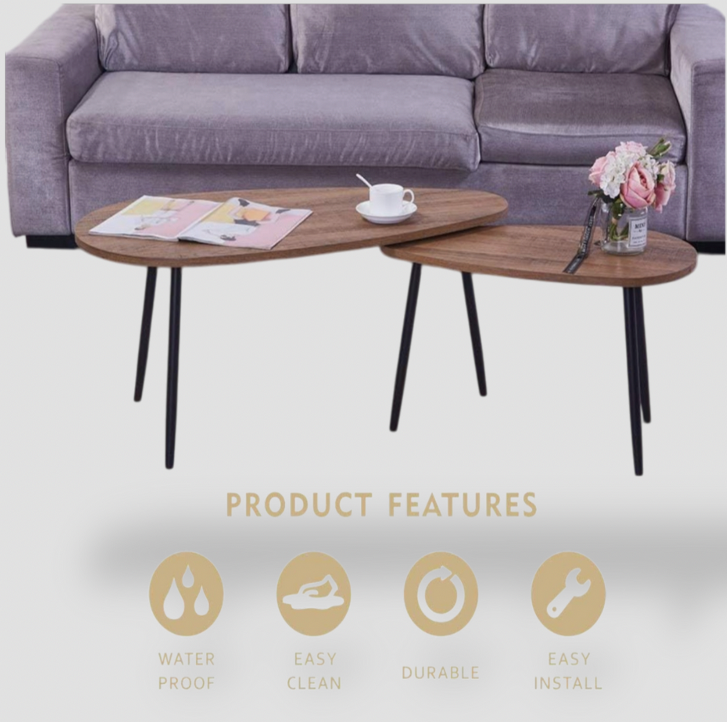 Tables basses gigognes effet noyer devant un canapé en velours gris avec icônes Product Features pour étanche, nettoyage facile, durable et installation facile