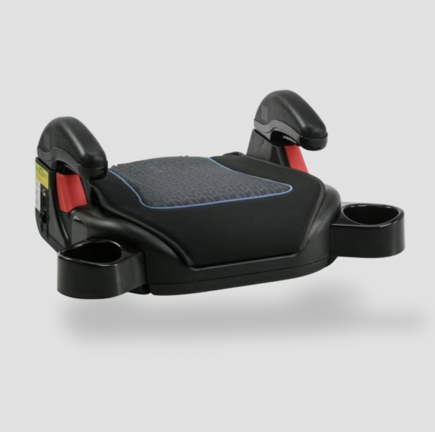 Backless booster mode of black Graco car seat with armrests, red clips and dual cup holders, overhead angle