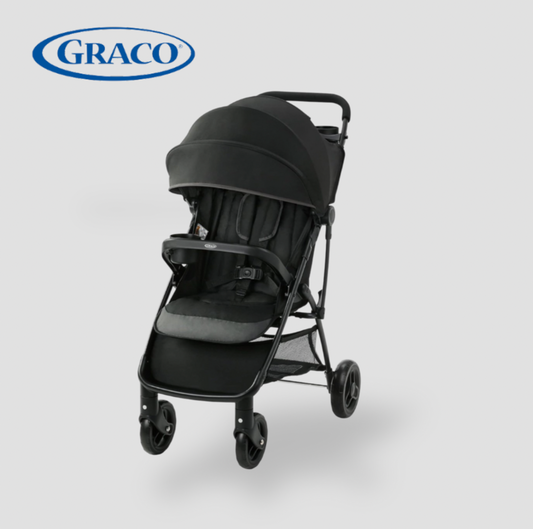 Graco NimbleLite black stroller with extended canopy, child tray and storage basket, three-quarter view