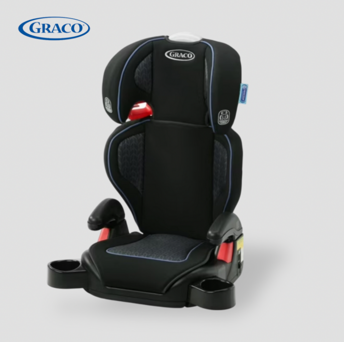 Black Graco TurboBooster highback booster car seat with cup holder, three-quarter view
