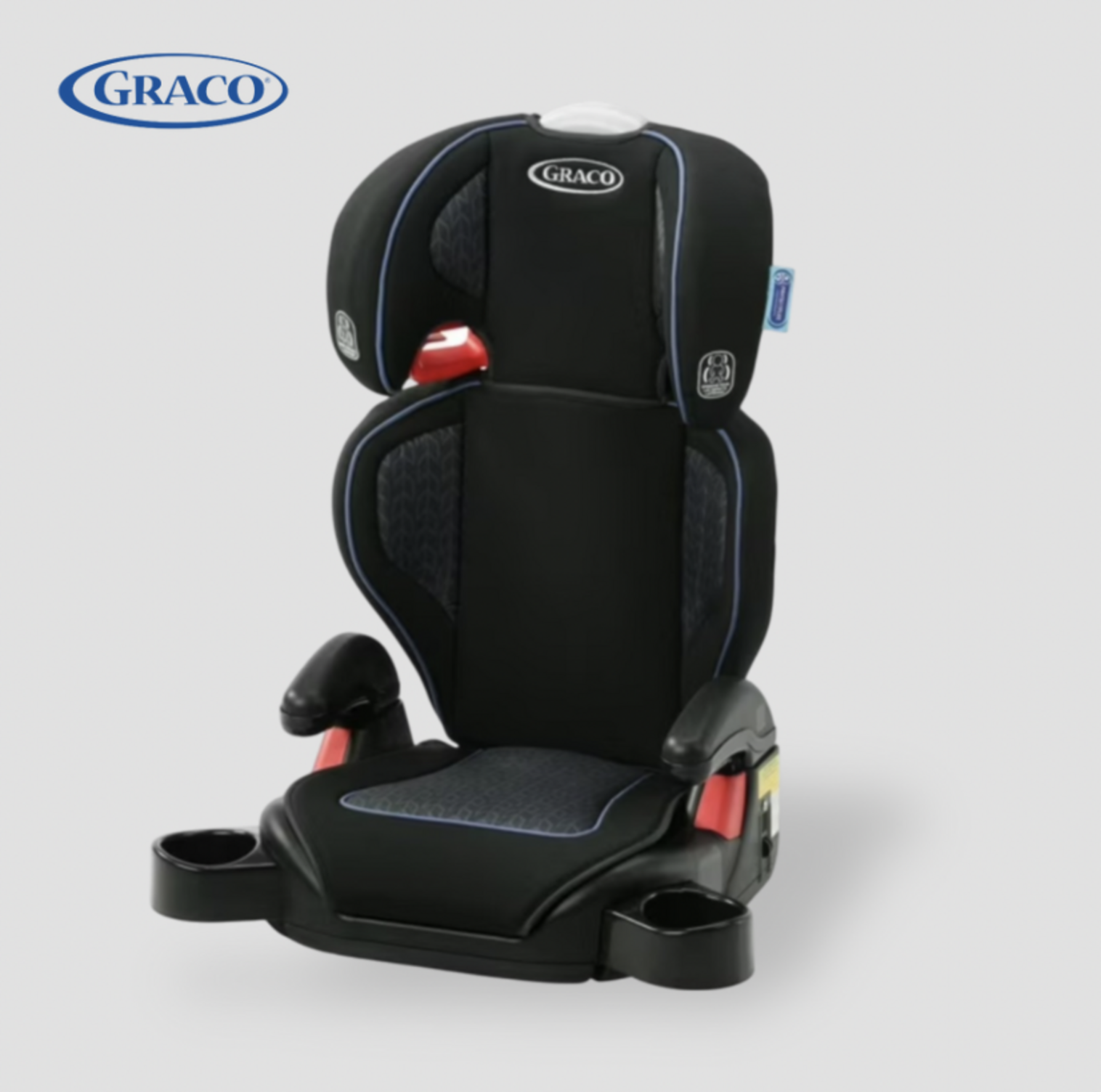 Black Graco TurboBooster highback booster car seat with cup holder, three-quarter view