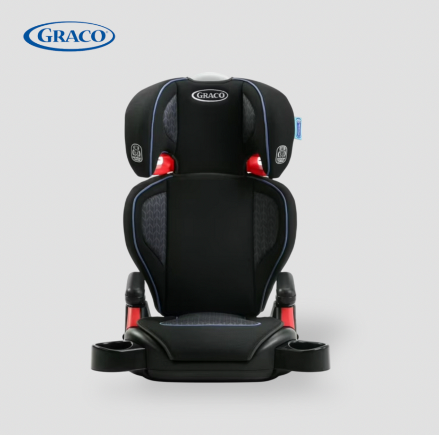 Front view of black Graco TurboBooster highback car seat with blue piping, red harness clips and cup holders