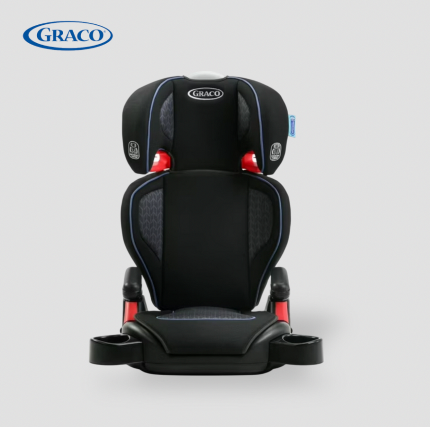 Front view of black Graco TurboBooster highback car seat with blue piping, red harness clips and cup holders