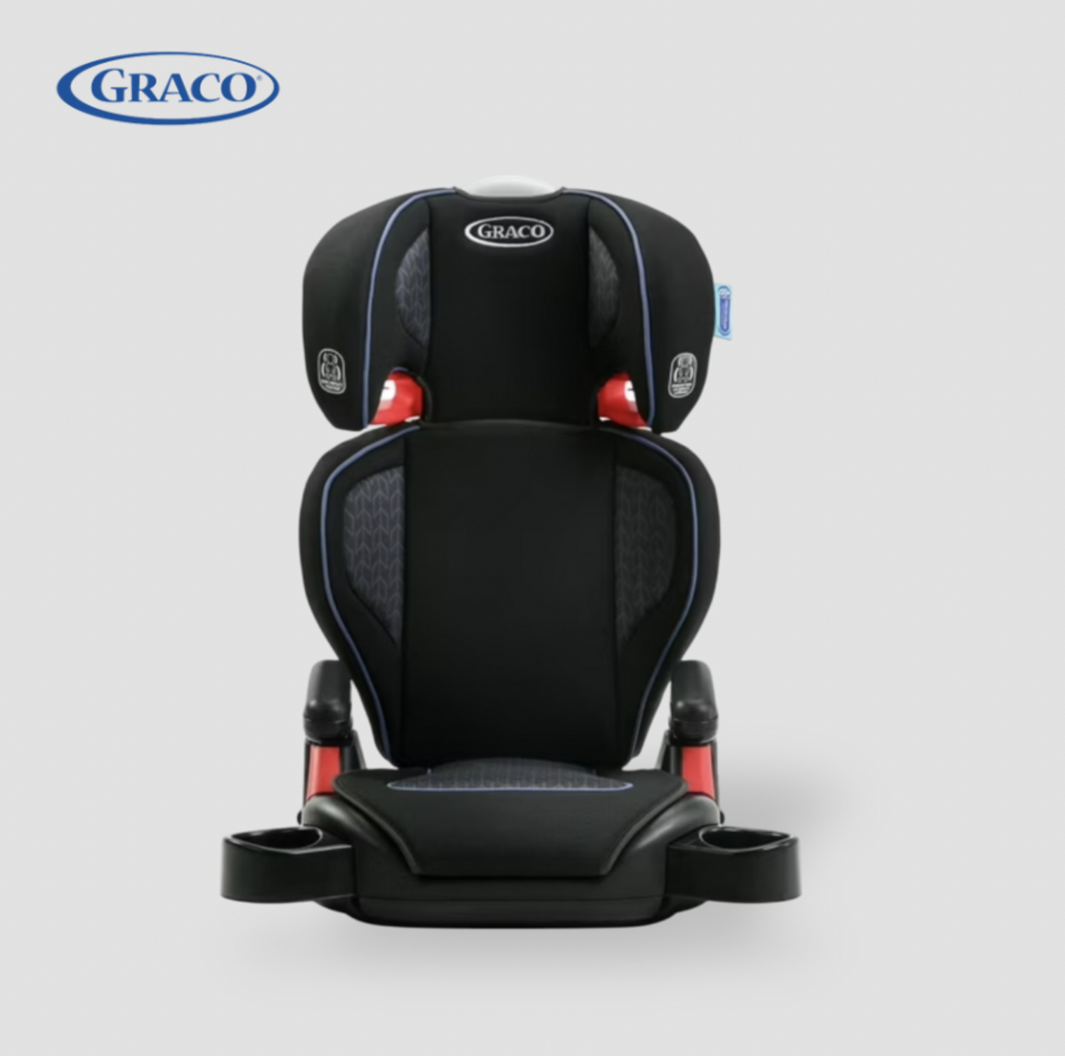 Front view of black Graco TurboBooster highback car seat with blue piping, red harness clips and cup holders
