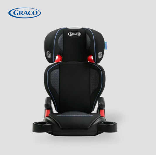 Front view of black Graco TurboBooster highback car seat with blue piping, red harness clips and cup holders