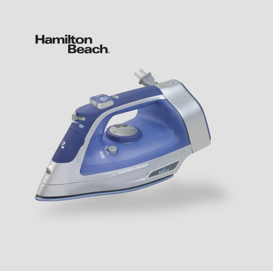 Hamilton Beach Durathon electronic iron in blue and silver with cord and rotary dial controls, three-quarter view